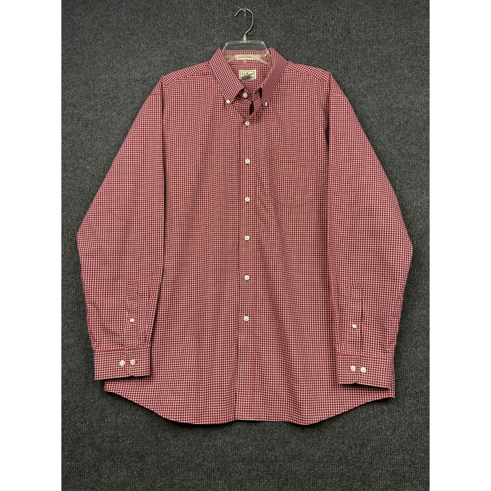 LL Bean Men's Shirt Wrinkle Resistant Long Sleeve Red White Check Preppy XL Reg